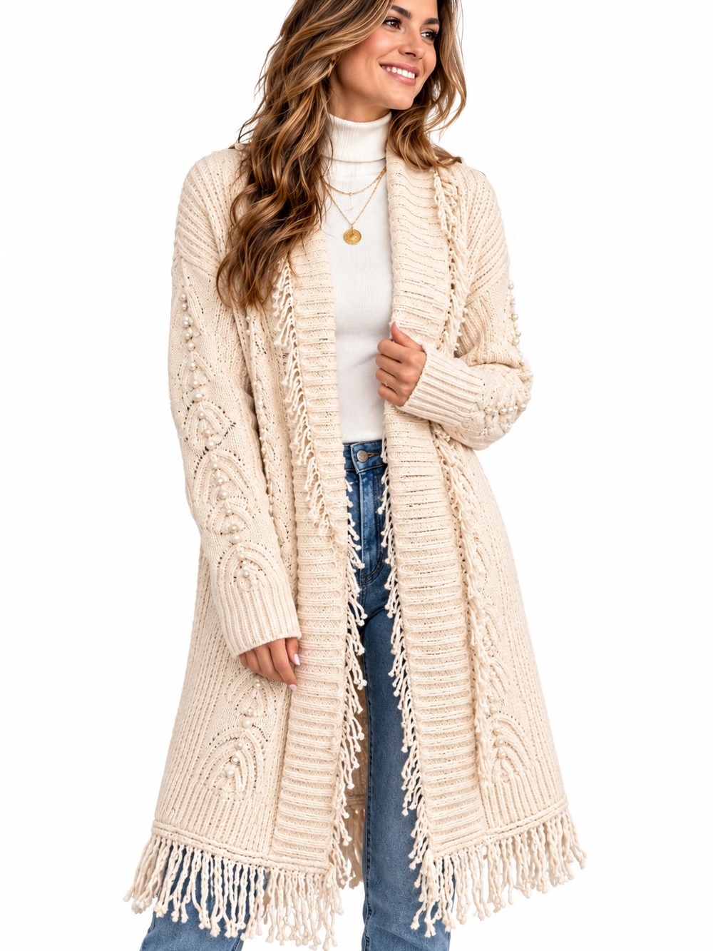 Tribal Cream Fringe Longline Knit Cardigan